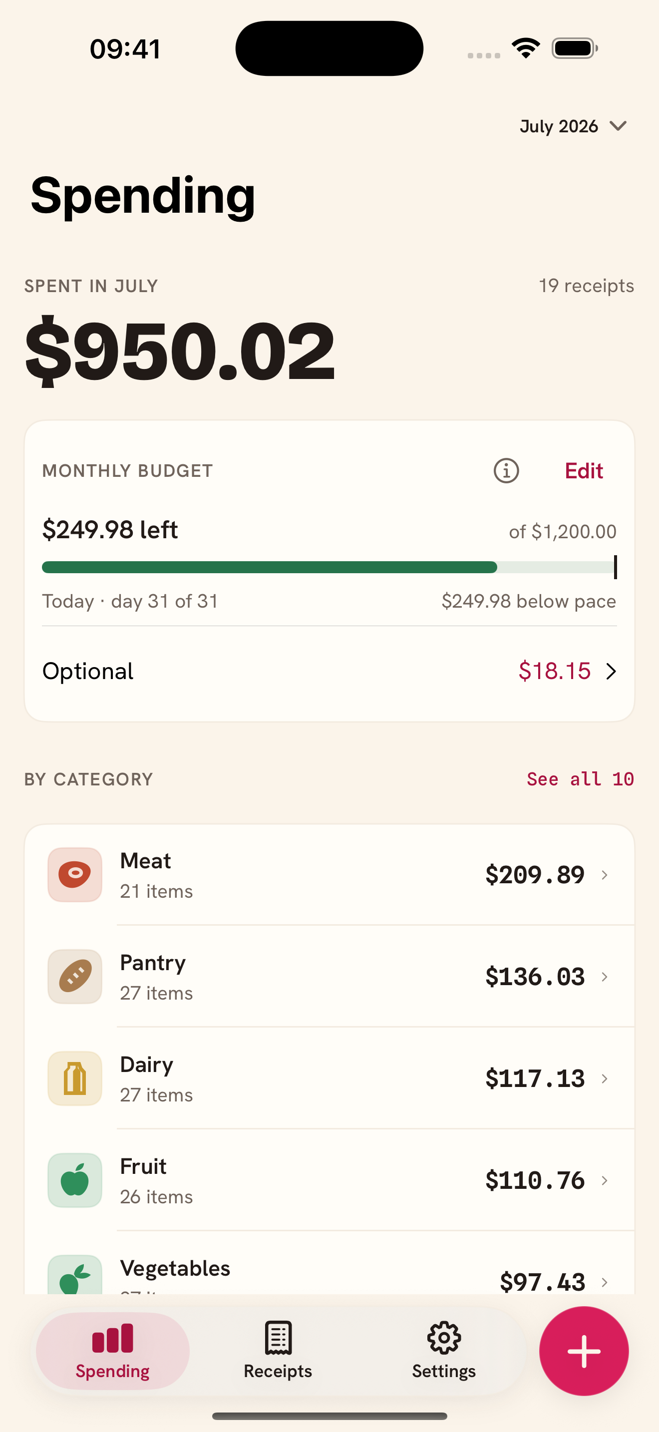 Radish Spending: $950.02 spent in July, within a $1,200 monthly budget with $249.98 left, and spending by category.