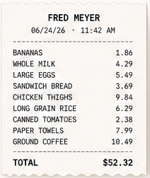 Illustrative grocery receipt with nine item lines and a printed total of $52.32.