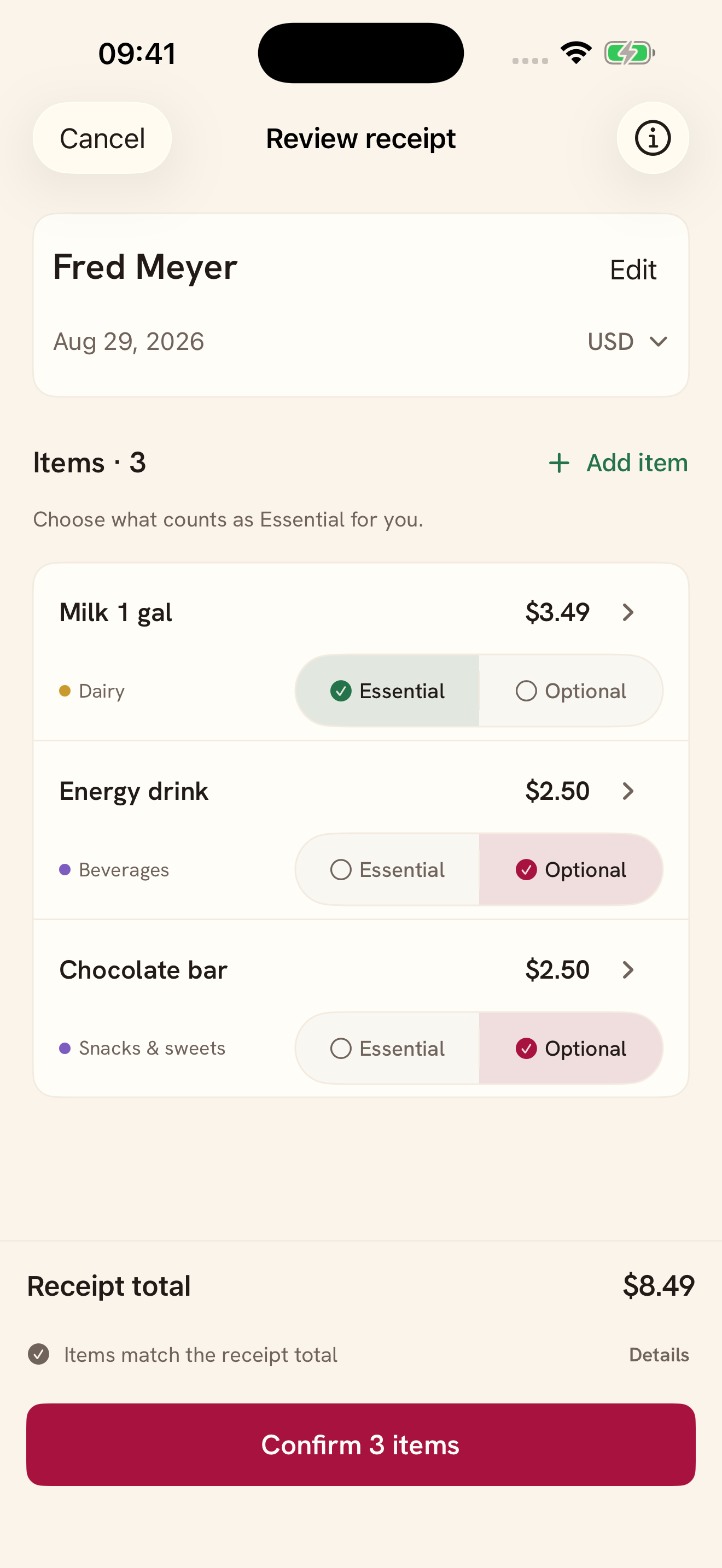 Receipt review: milk is marked Essential; an energy drink and a chocolate bar are marked Optional. You choose each item’s label.