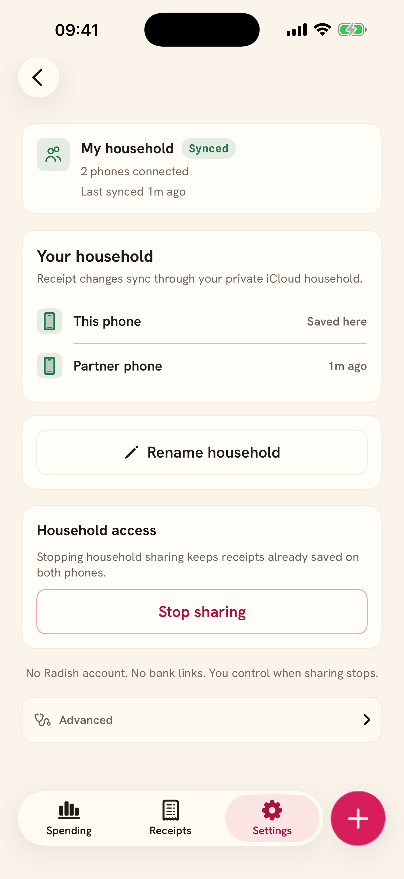 Household screen: two connected iPhones, synced