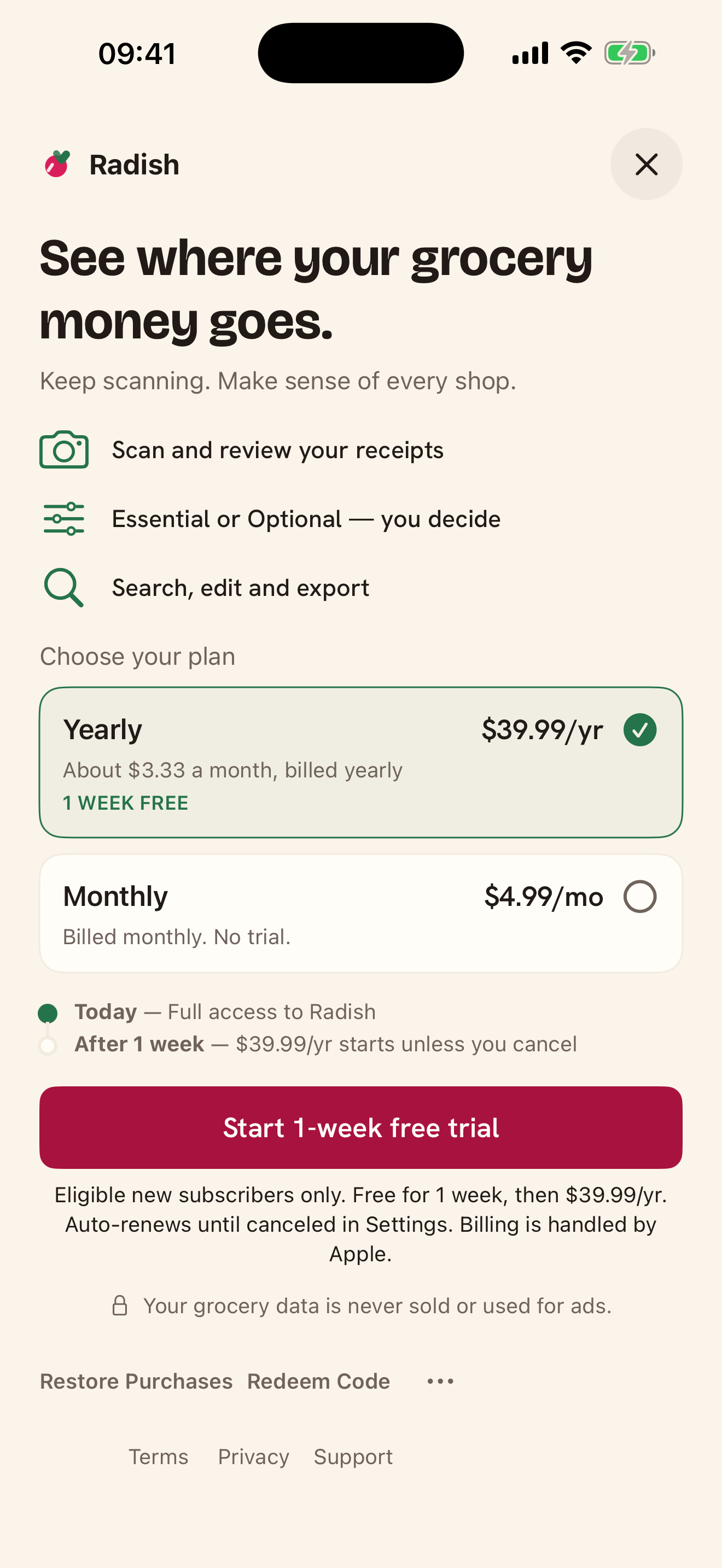 Radish subscription screen on iPhone showing monthly and yearly choices before Apple purchase confirmation.