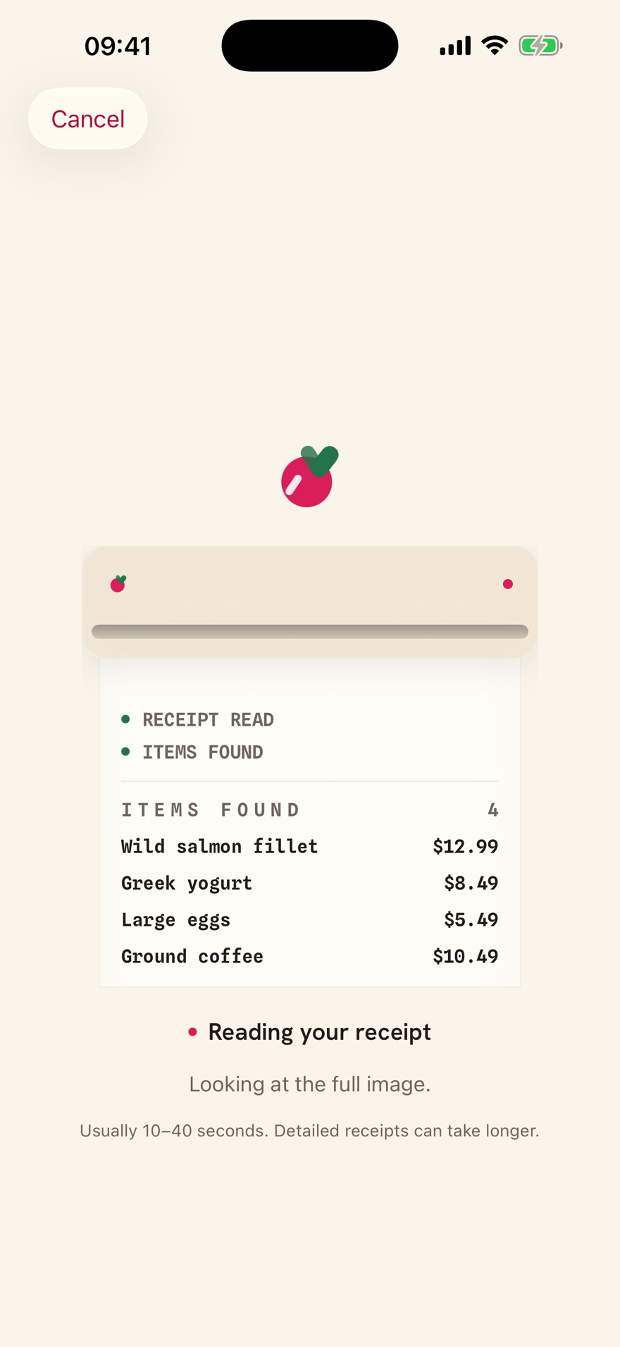Radish reading a receipt into four real items in Light appearance.