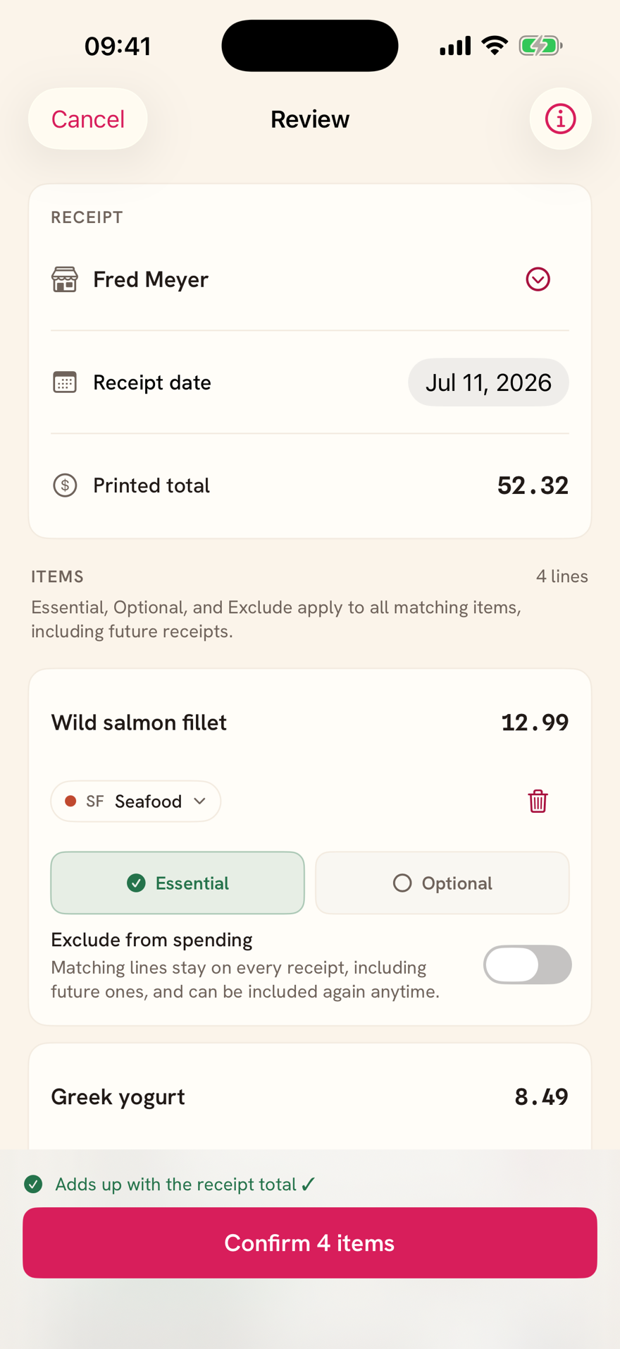 Radish Review in Light appearance showing an editable $52.32 receipt with essential and optional item choices.