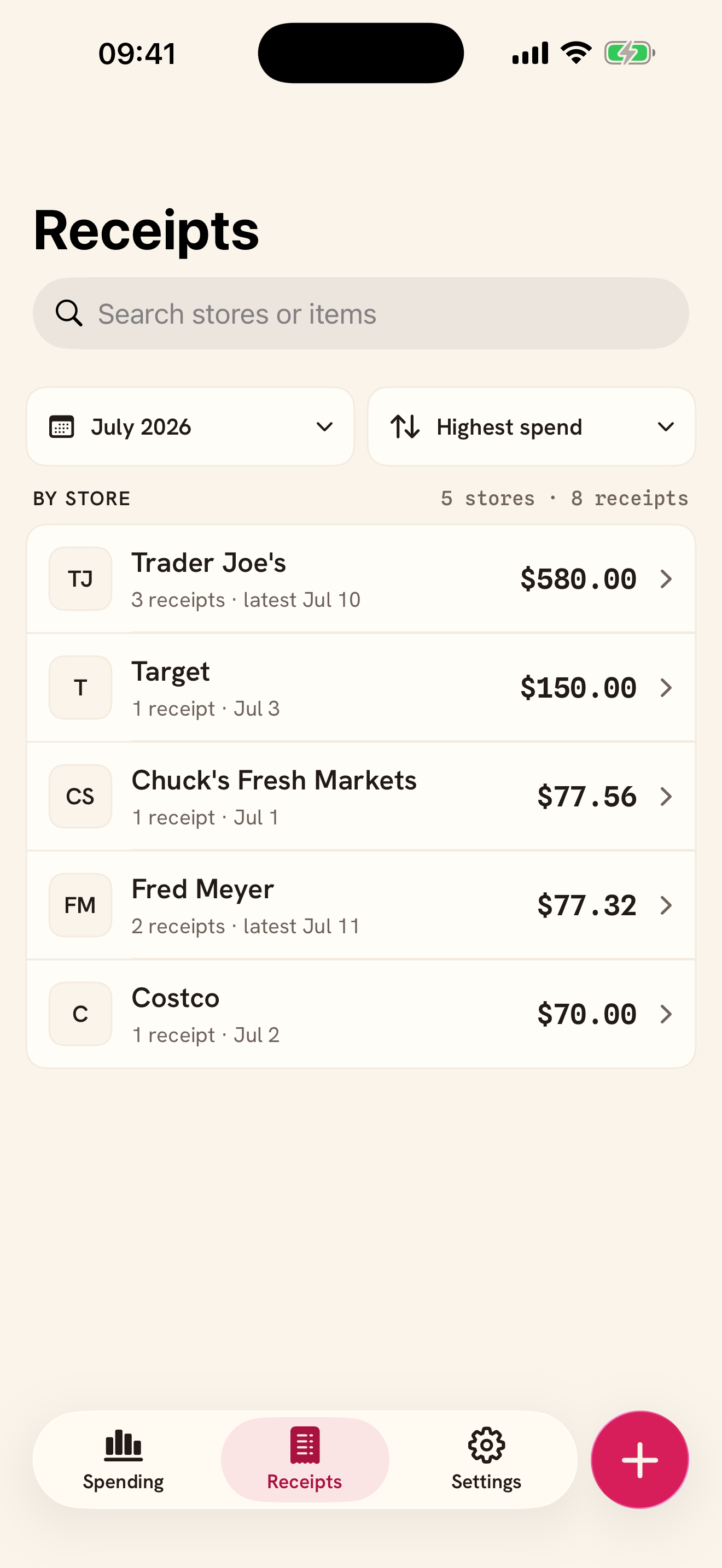 Radish Receipts on iPhone showing store groups, monthly totals, and search for stores or items.