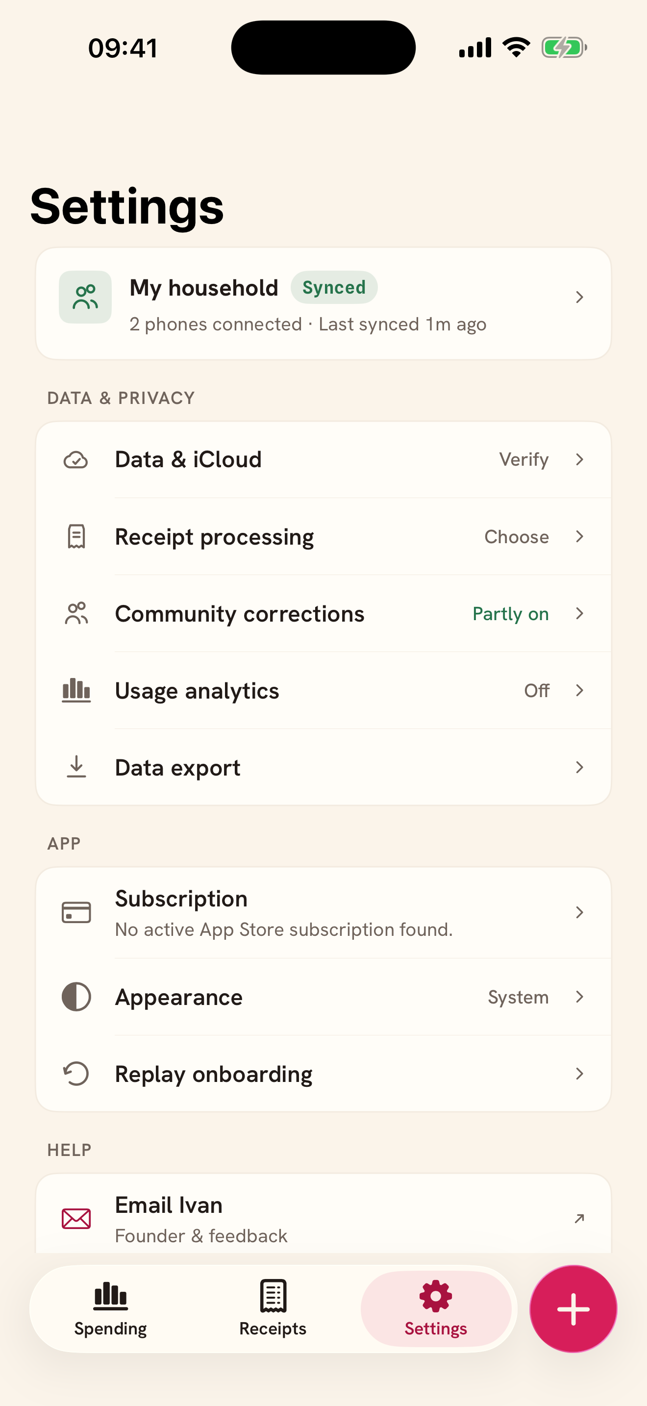 Radish Settings showing My household, receipt processing, Data export, and optional Community corrections.