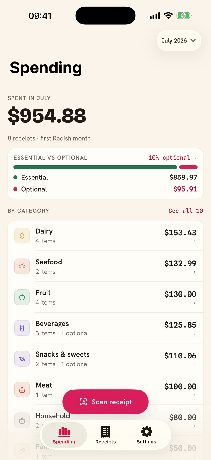 Radish Spending in Light theme showing $954.88 total, $858.97 essential, and $95.91 optional.