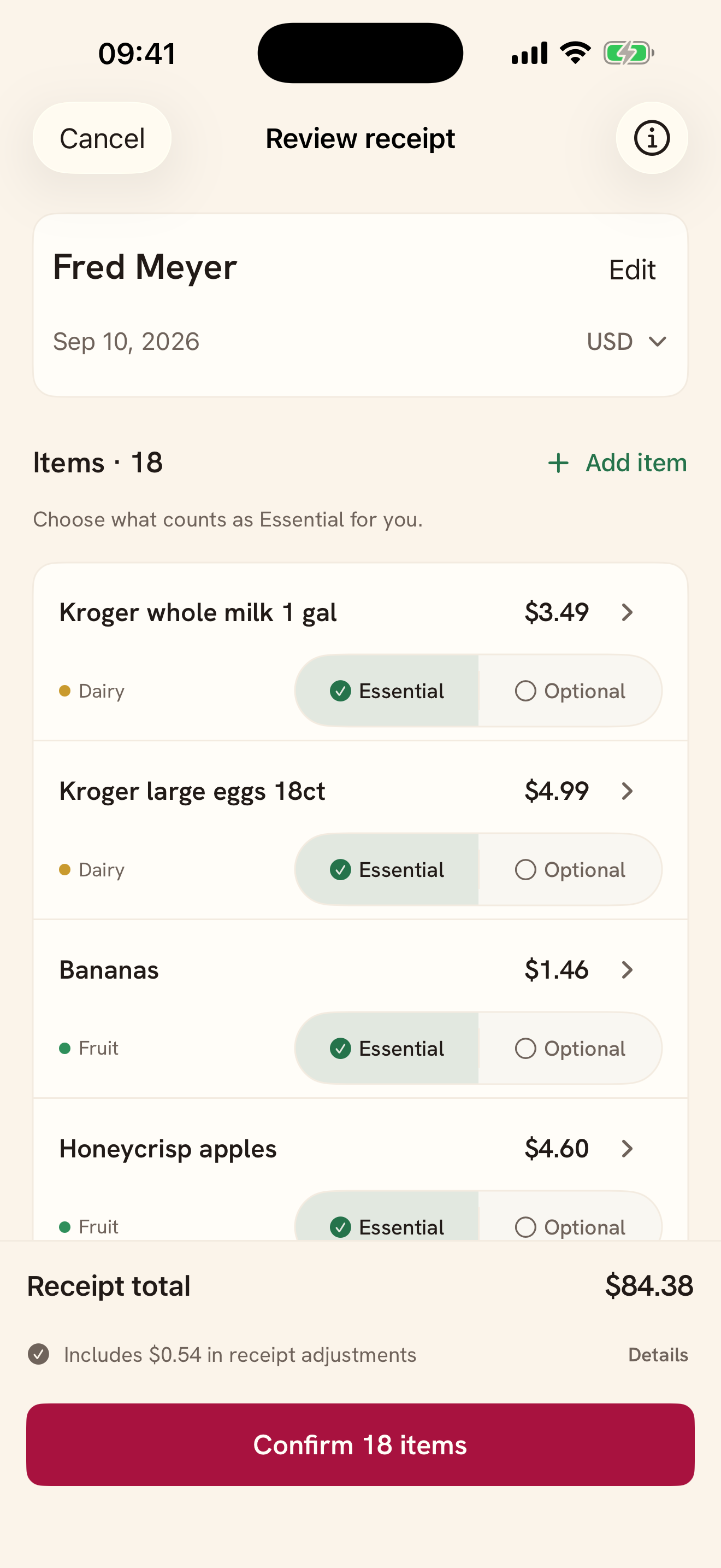 Radish reviewing the same Fred Meyer receipt, dated September 10, 2026, with 18 items and a total of $84.38.