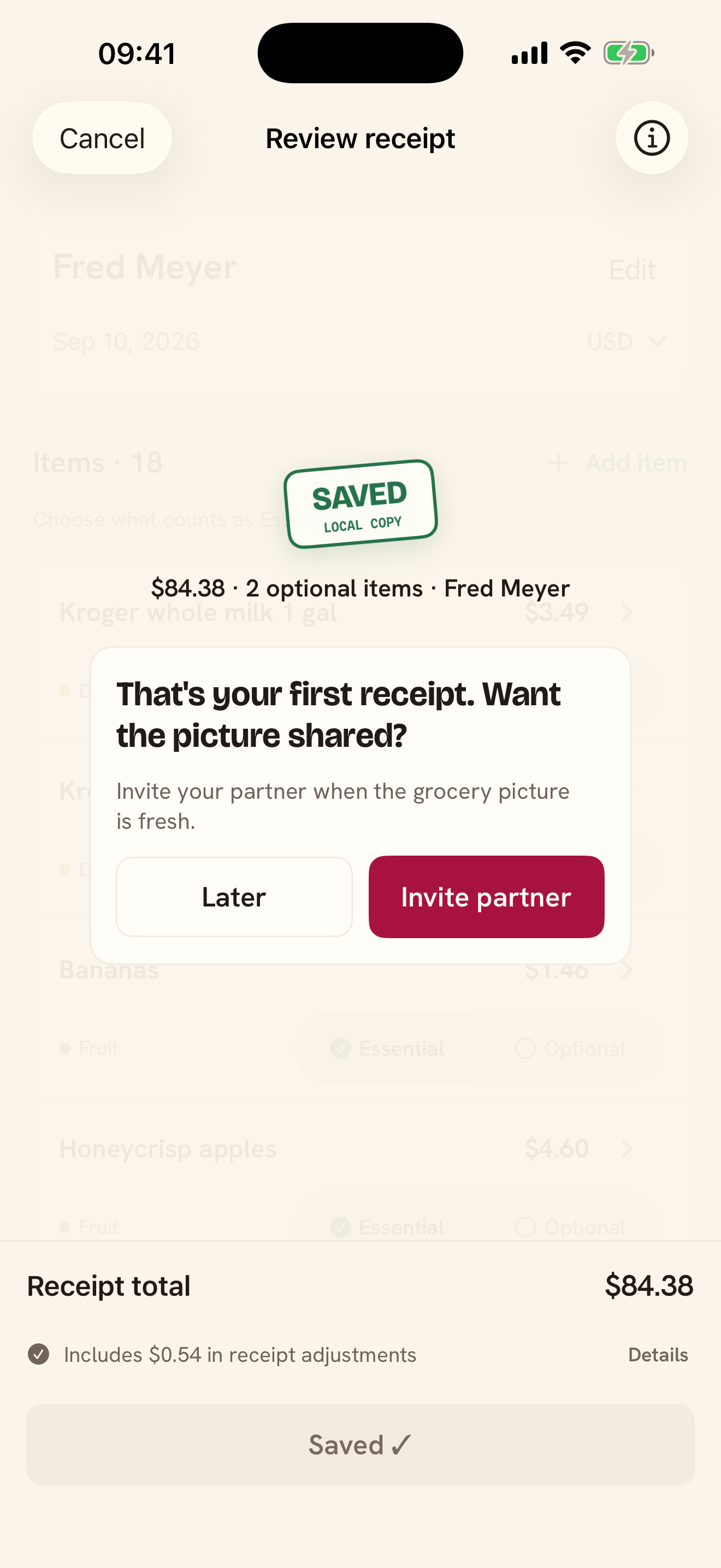 Radish Saved confirmation for the Fred Meyer receipt totaling $84.38.