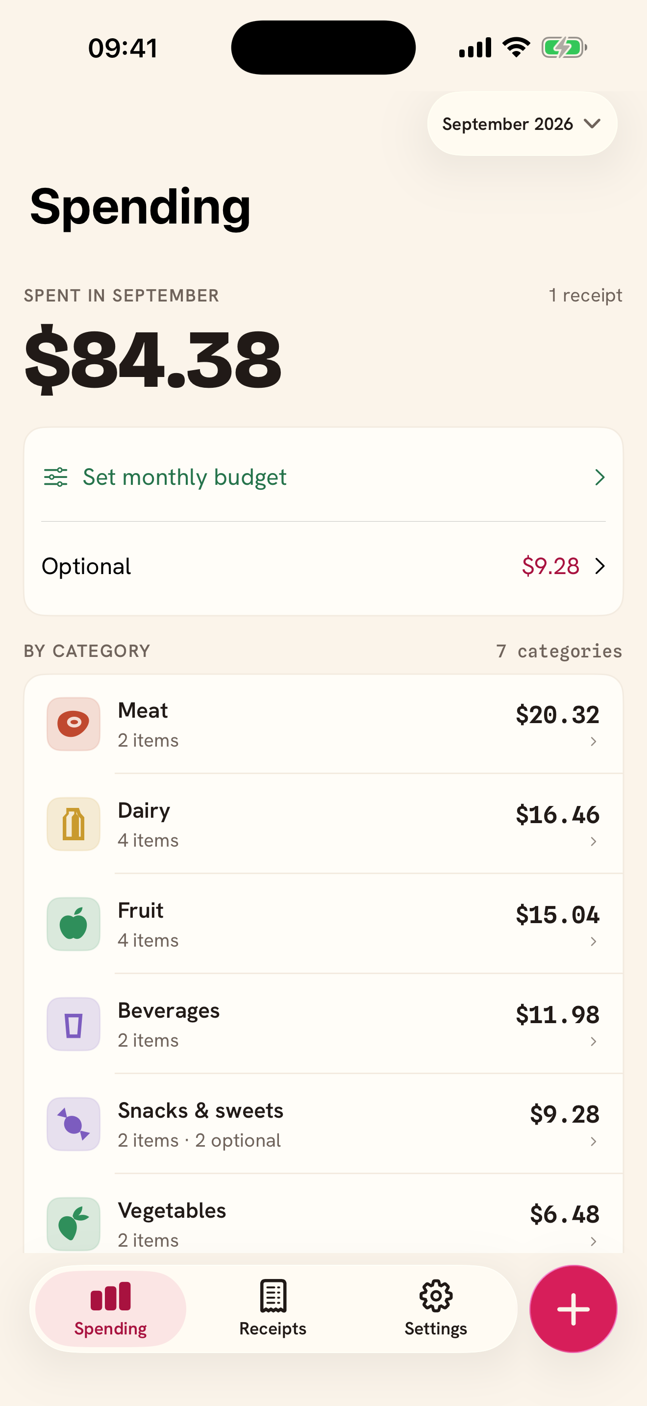 Radish Spending for September 2026 showing $84.38 from the same saved Fred Meyer receipt.
