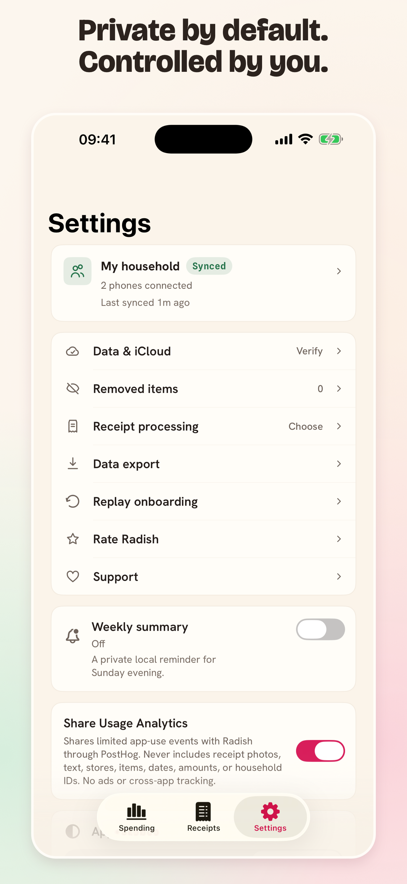 Radish Settings on iPhone showing Data export, My household, receipt processing, recovery, and privacy controls.