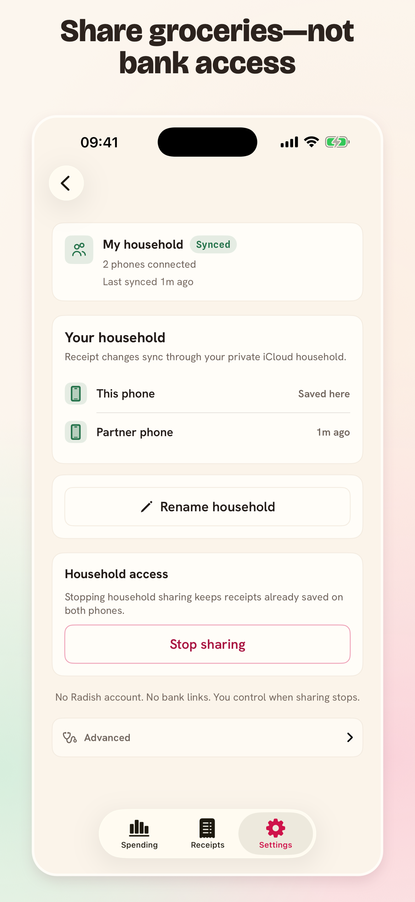 Radish household sharing on iPhone showing two connected phones and current iCloud sync status.